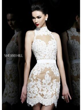 Sherri Hill White Lace High-Neck Mini Dress